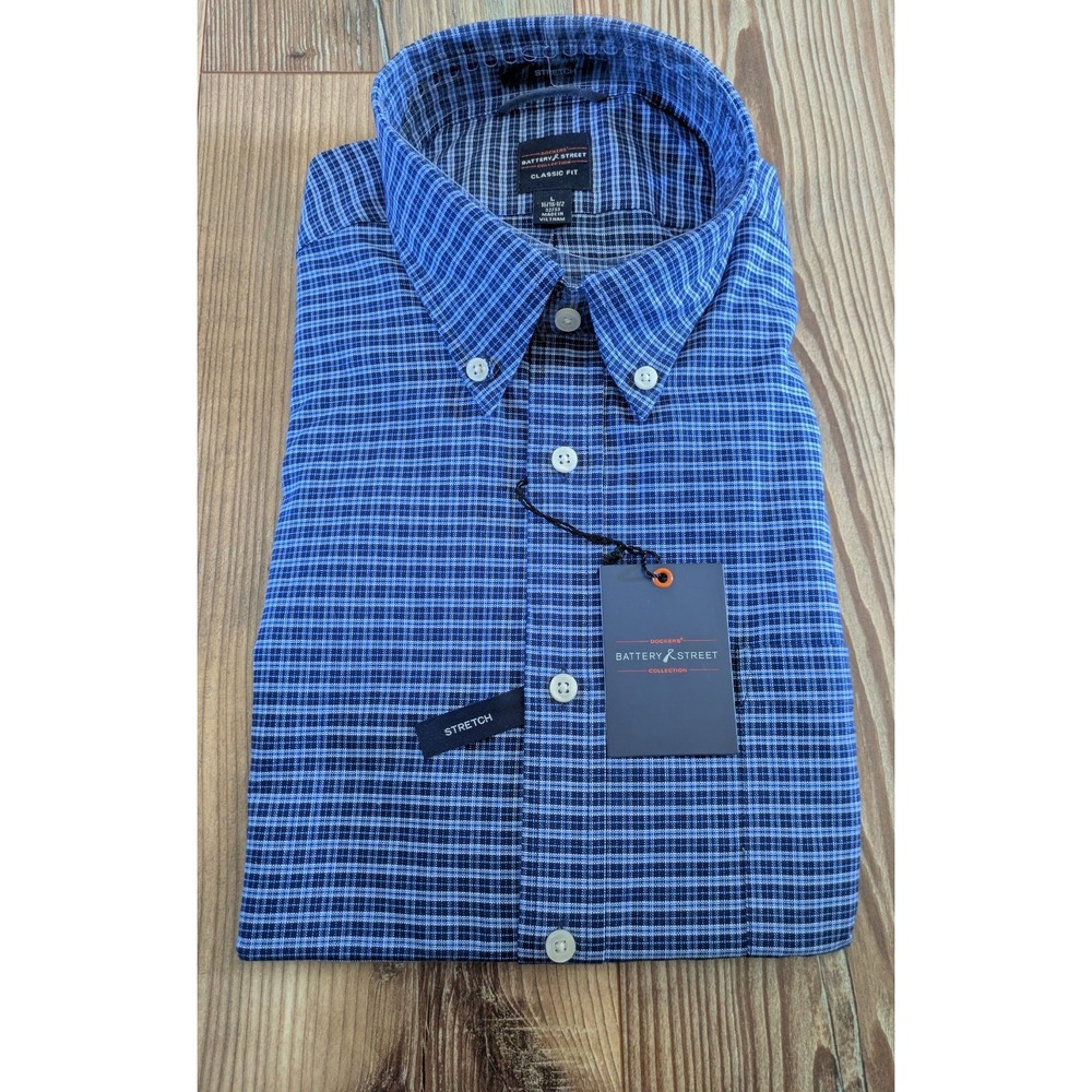 Dockers Battery Street Blue Micro Tatters Plaid Button-Down Dress Shirt